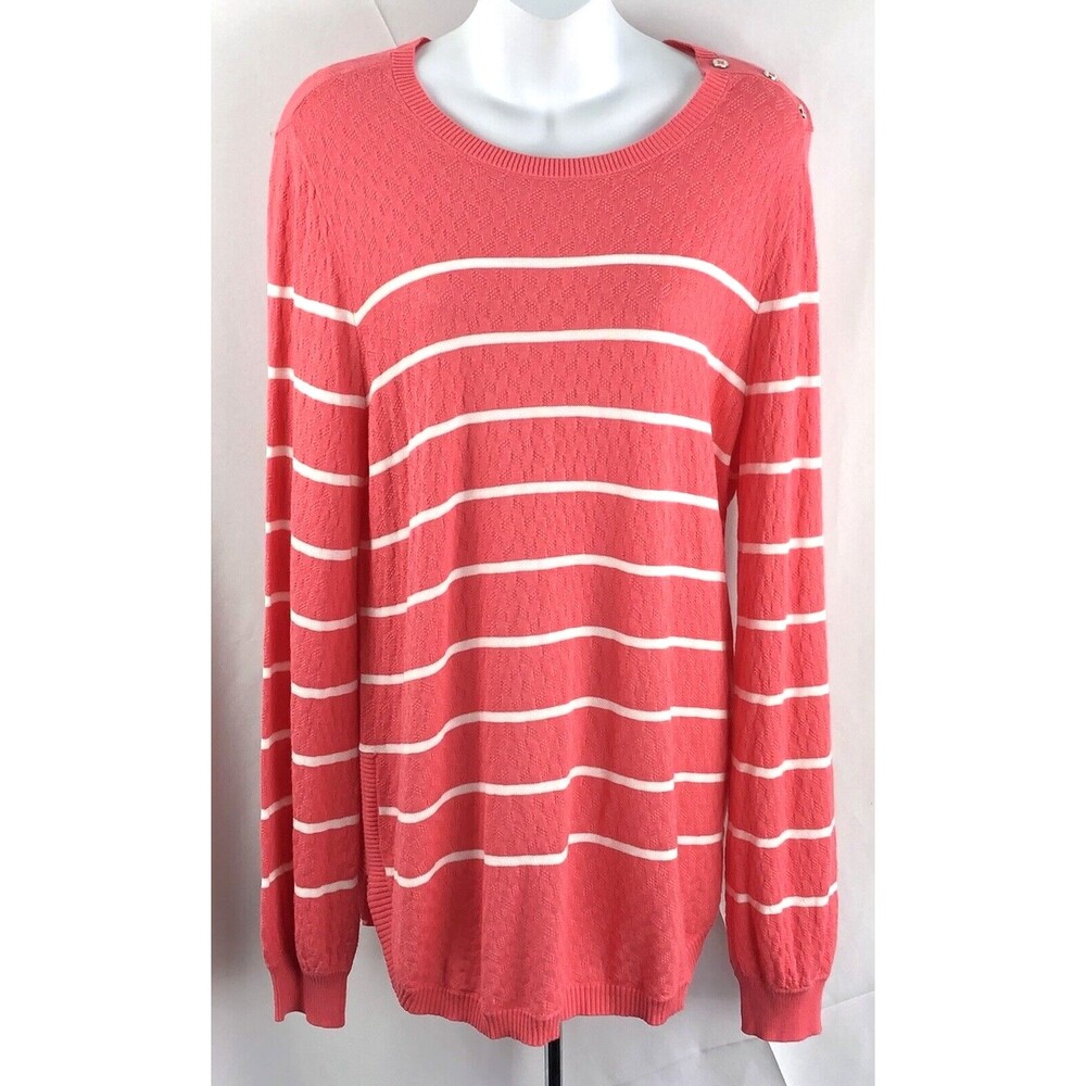 NWT St Johns Bay Sweater L Coral/wht Stripe Rayon Knit Button Accent Longsleeve